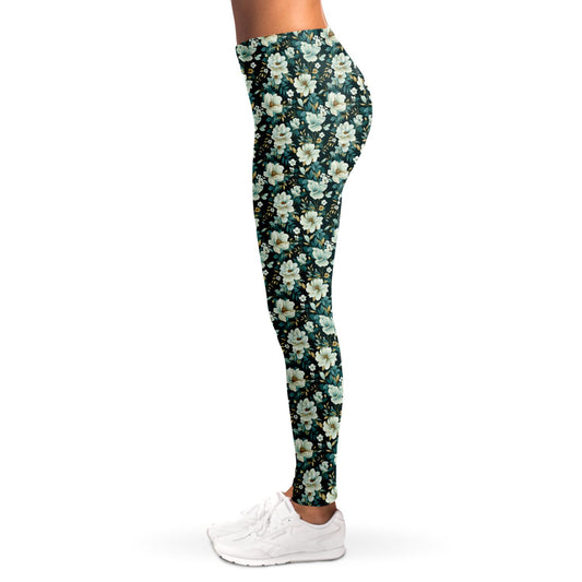 Teal & White Flowers - Leggings - AOP