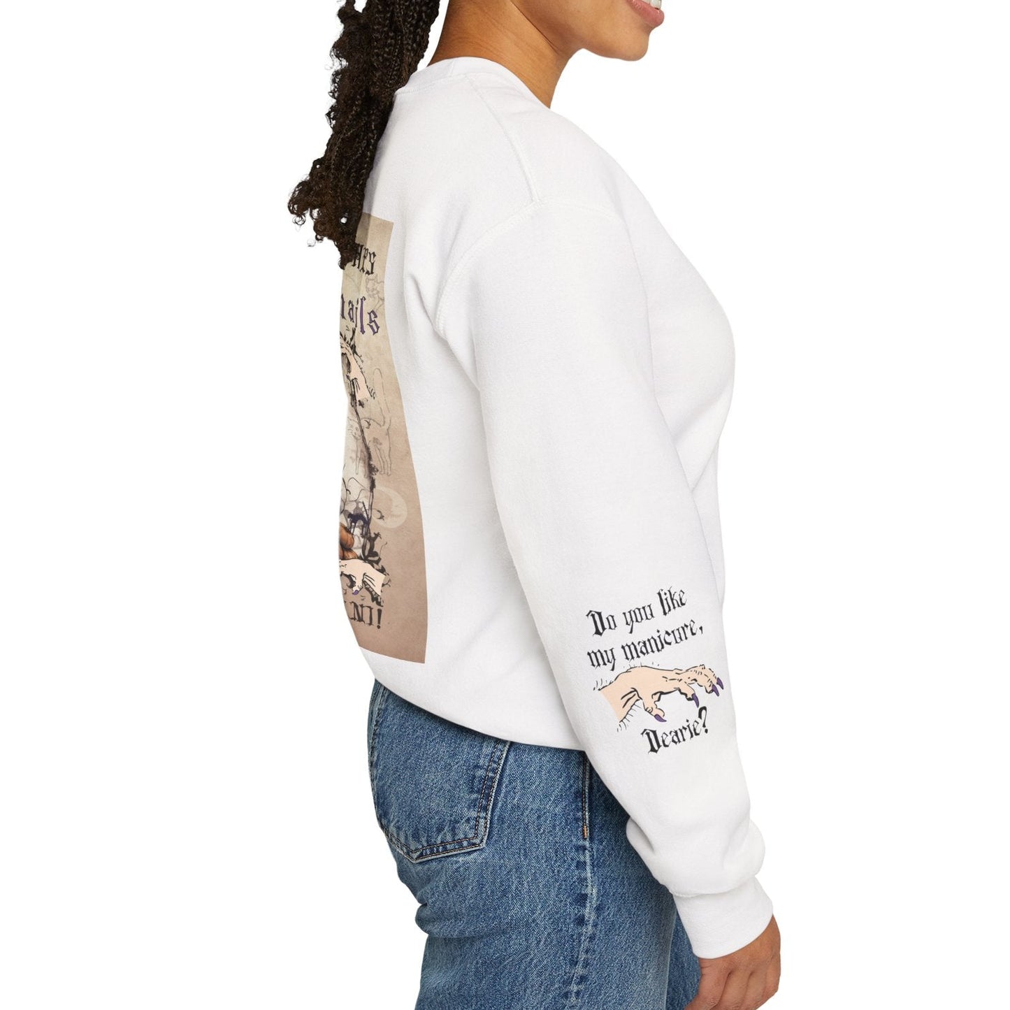 Woman wearing a white sweatshirt with text and graphics, standing against a white background