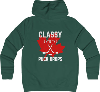 Classy Until The Puck Drops -  Woman's College Hoodie - Canadian Hockey Hooded Sweatshirt