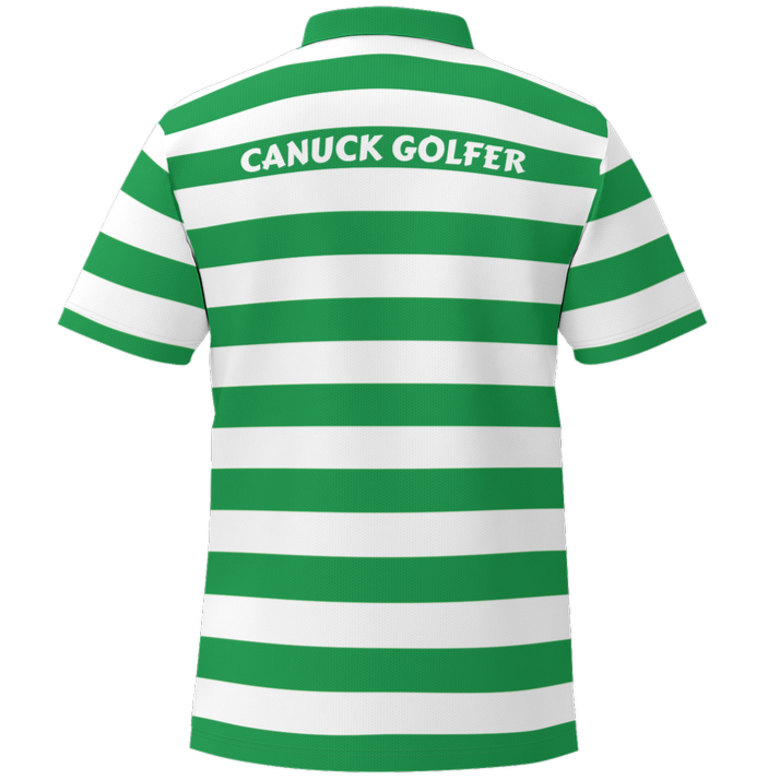 Green and white striped polo shirt with 'Canuck Golfer' text on a white background