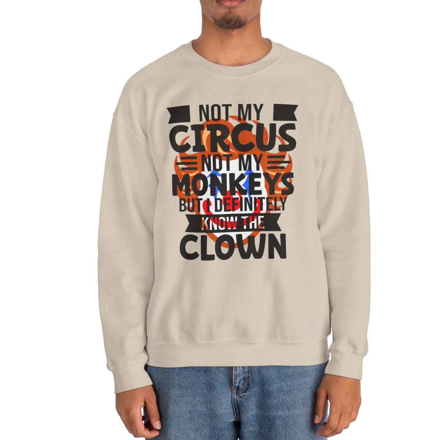 Person wearing a beige sweatshirt with text design on a white background