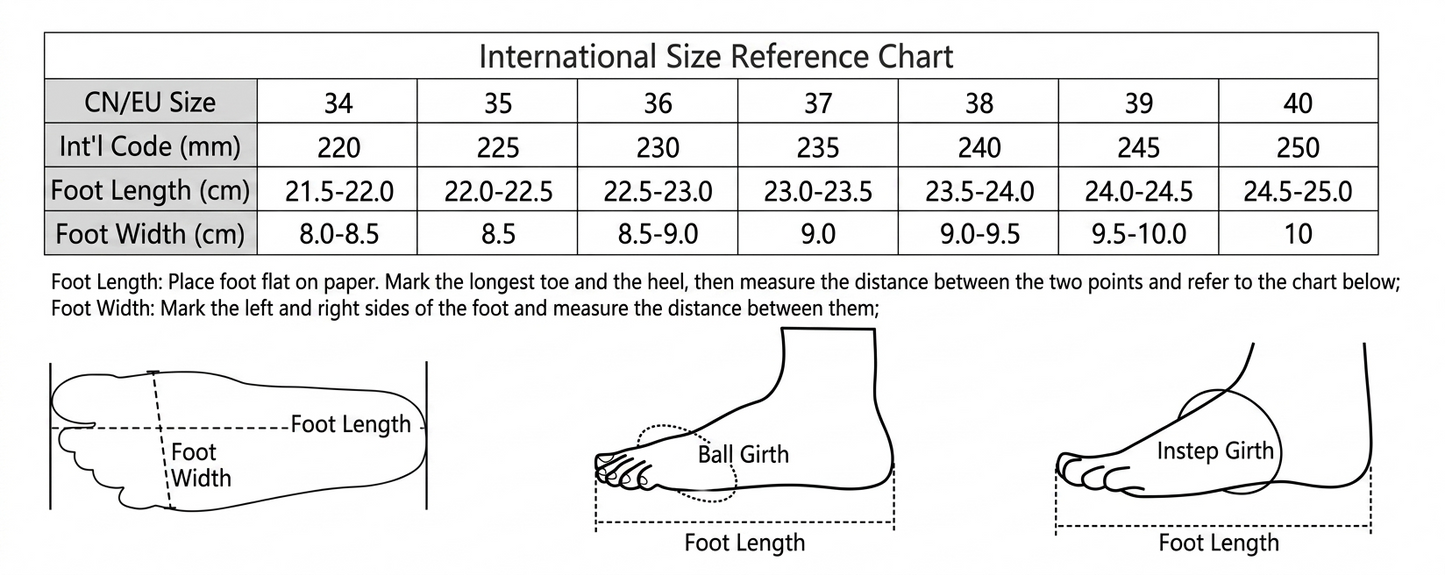 International size reference chart for shoes with foot measurements.