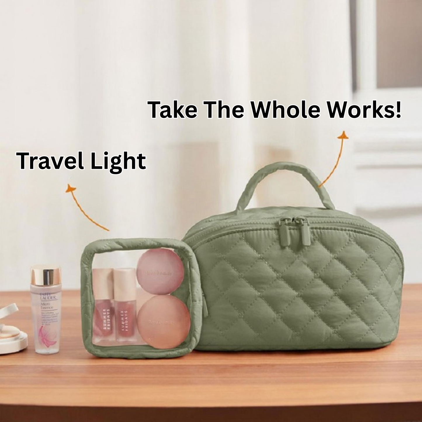 Lay-Flat Quilted Makeup Bag | 180° Cosmetic Organizer - Retro Diamond Design