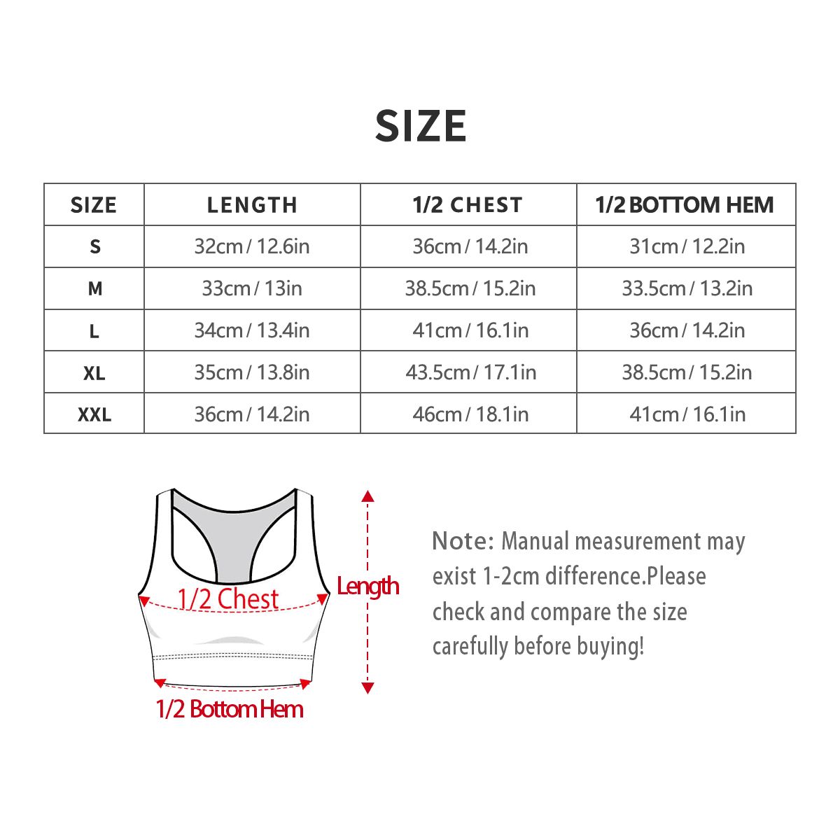 Size chart for a sports bra with measurements in centimeters and inches.