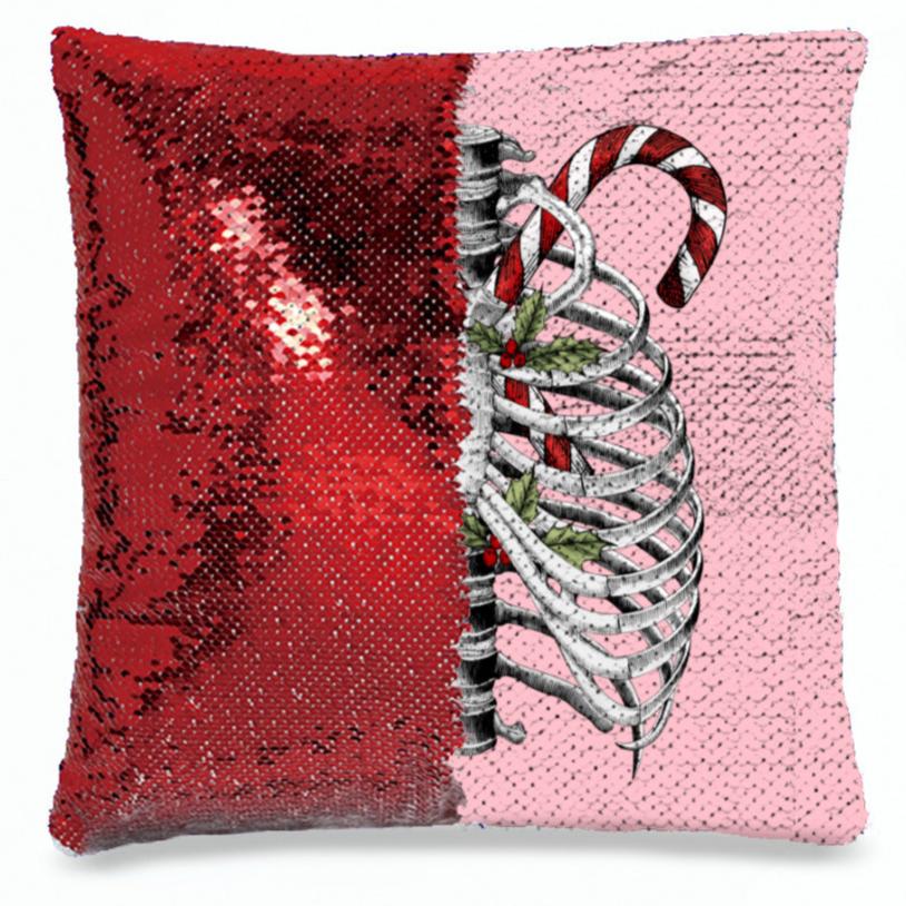 Candy Canes and Bones – Festive Goth Christmas Sequin Pillowcase – Soft, Durable, and Elegant Home Décor