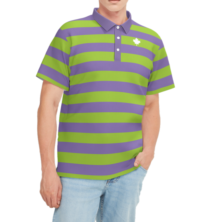 Person wearing a green and purple striped polo shirt on a white background