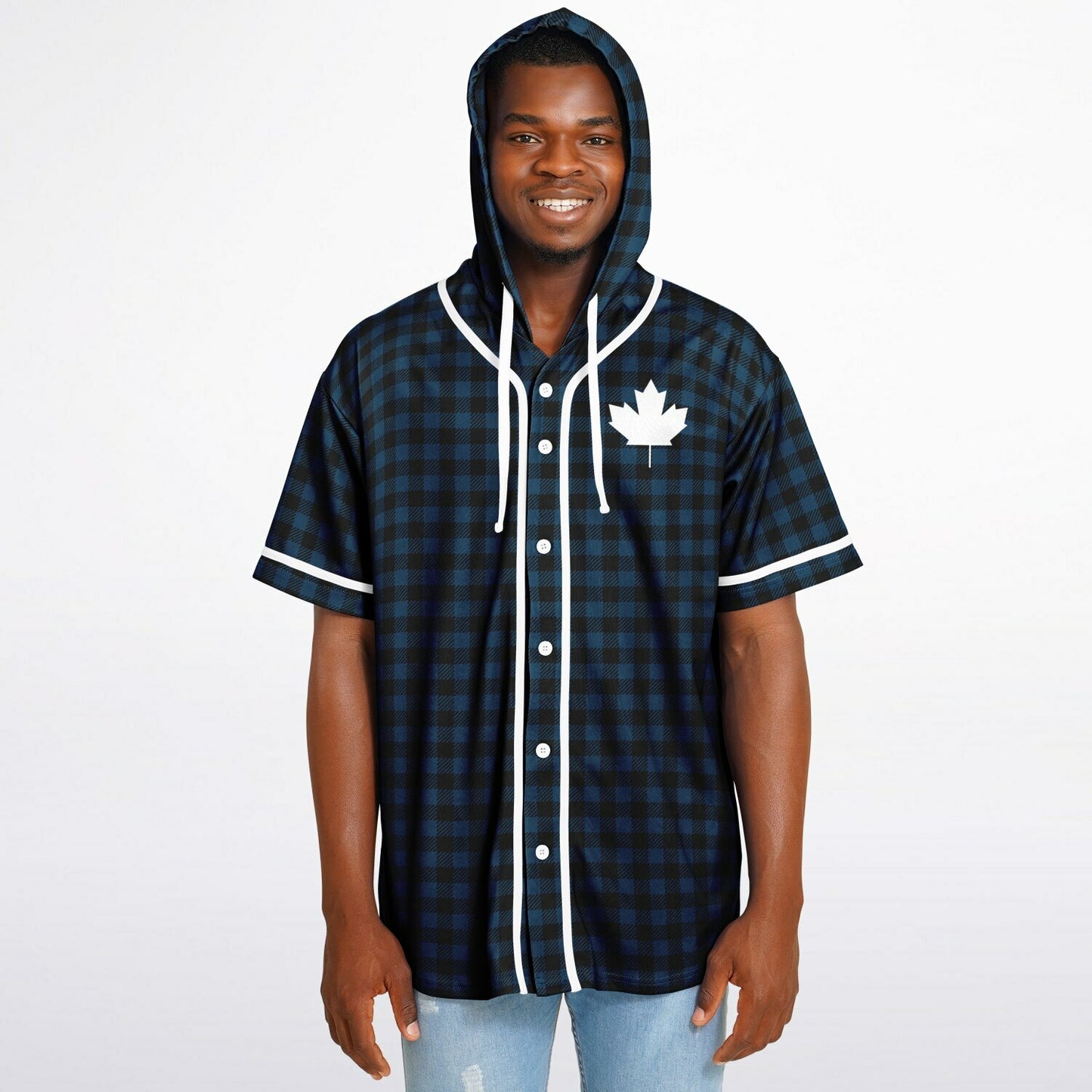True North Strong and Free | Plaid Hooded Baseball Jersey - Navy