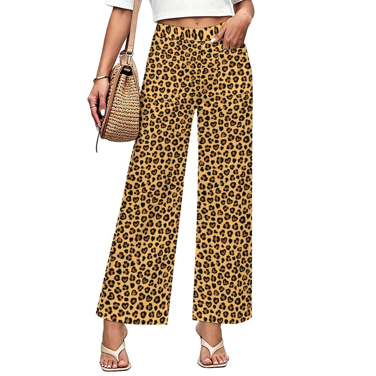 Heart Leopard Print | Women's Straight Wide-Leg Crop Pants