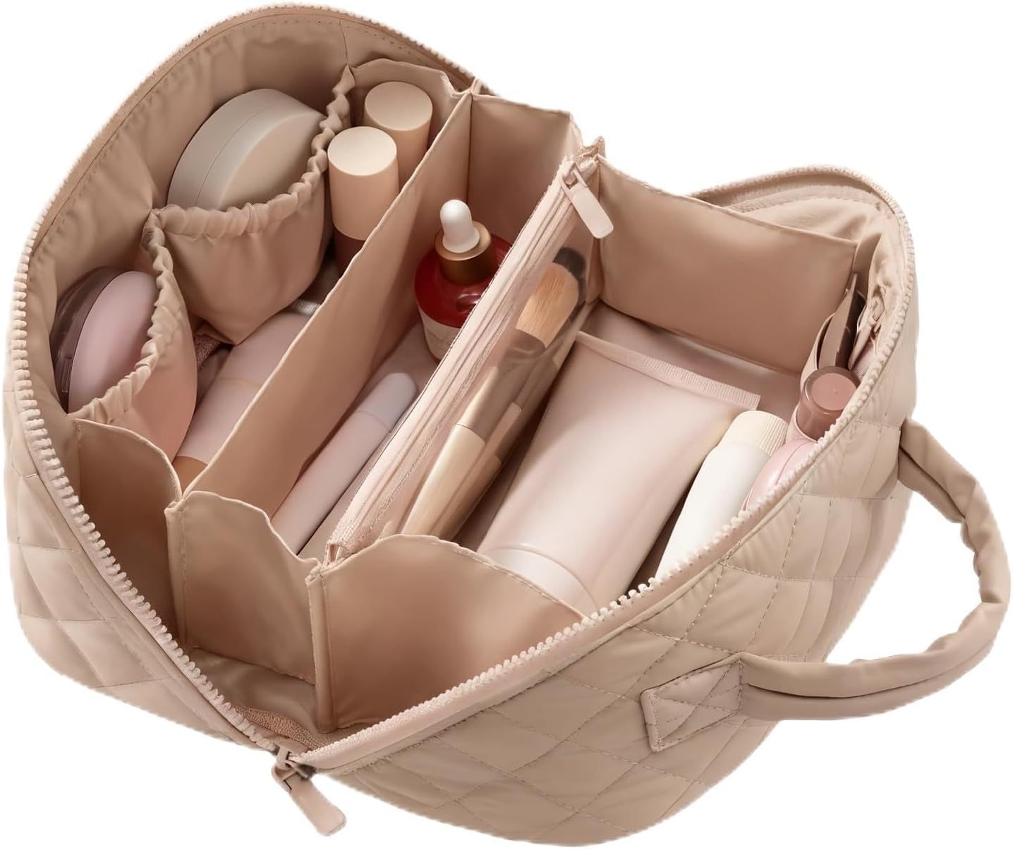 Beige cosmetic bag with compartments filled with skincare products on a white background. lay flat makeup bag organizer