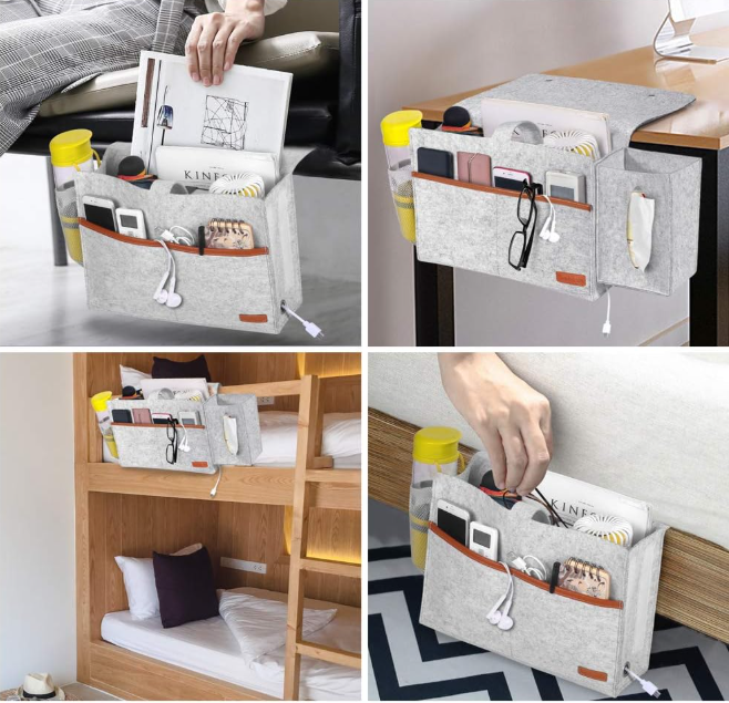 Multifunctional organizer used on a desk, bed, and chair with various items.