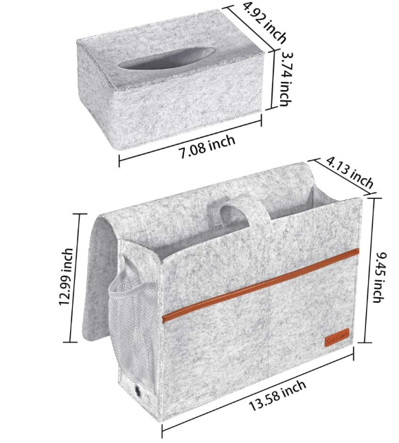 Gray felt storage bag with dimensions labeled on a white background