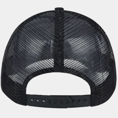 Back of a Black mesh cap on a light background