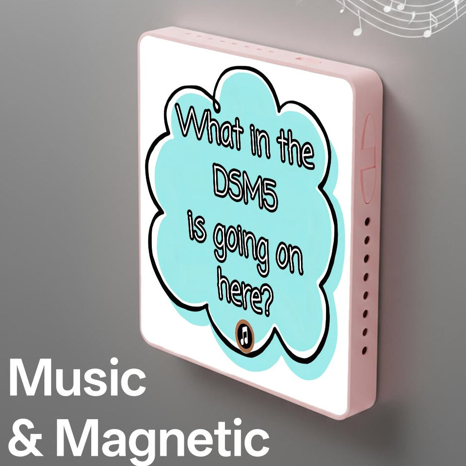 A square pink electronic device with a white front panel and a light blue cloud-shaped graphic containing the text 'What in the DSM5 is going on here?'. White musical notes and the words 'Music & Magnetic' appear on a gray background.