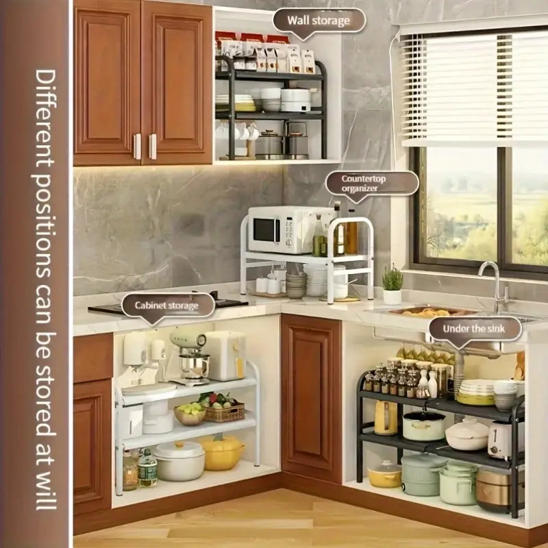 Kitchen organization system with shelves and cabinets labeled for different storage positions.