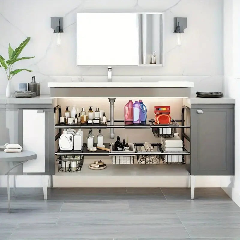 Modern bathroom vanity with open shelves displaying various toiletries.