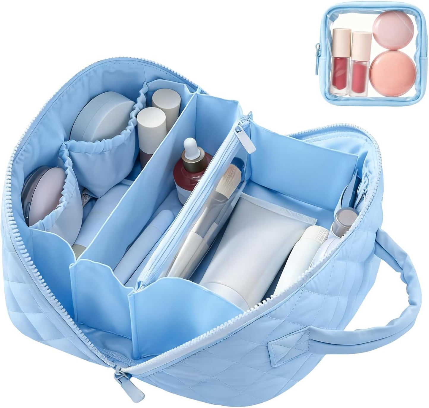 Blue cosmetic bag with compartments filled with various skincare products on a white background. lay flat makeup bag organizer