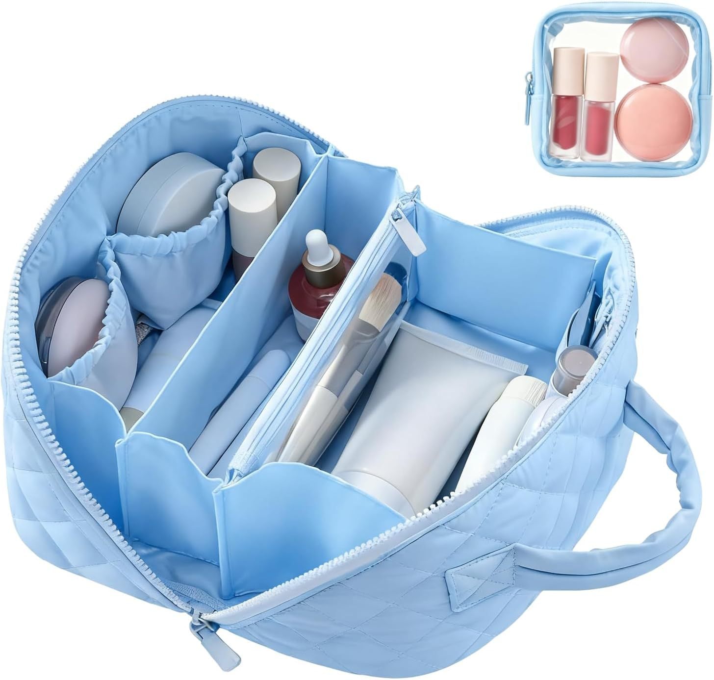 Blue cosmetic bag with compartments filled with various skincare products on a white background. lay flat makeup bag organizer