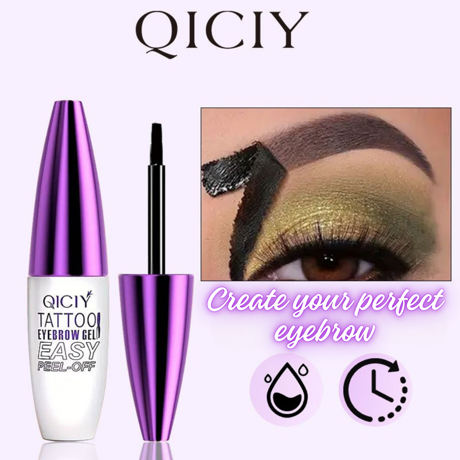 QICIY tattoo eyebrow gel with packaging and application on an eye, on a light purple background.