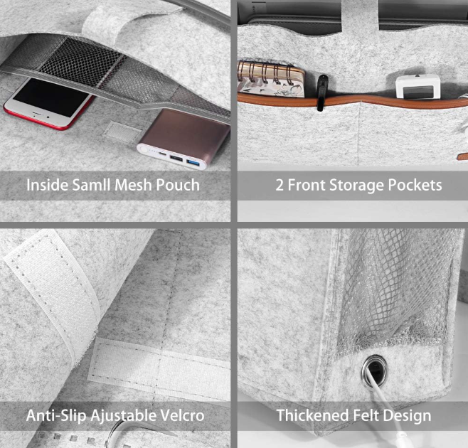 Product features including small mesh pouch, storage pockets, adjustable velcro, and felt design.