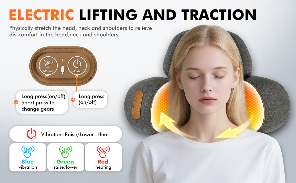 Neck massager with user interface and text about electric lifting and traction benefits.