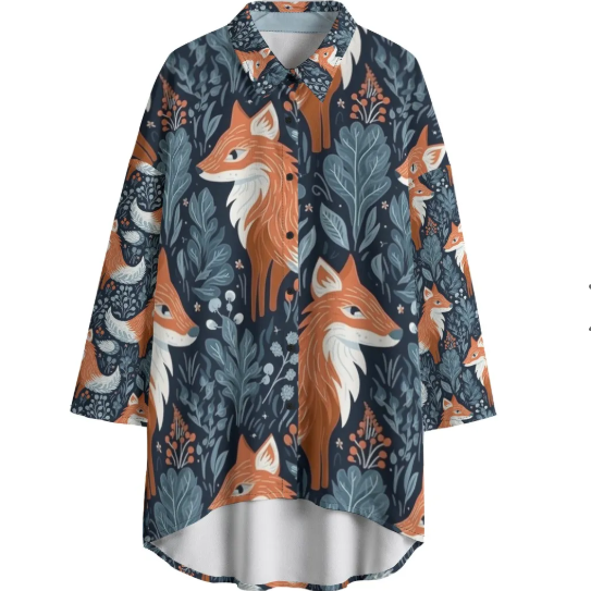 Floral shirt with fox pattern on a white background