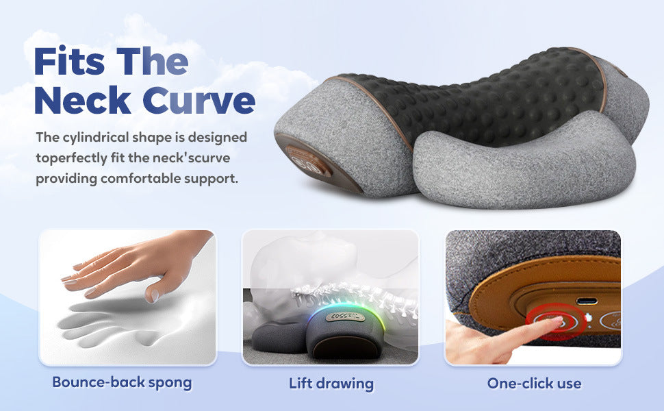 Neck pillow with features highlighted on a blue background