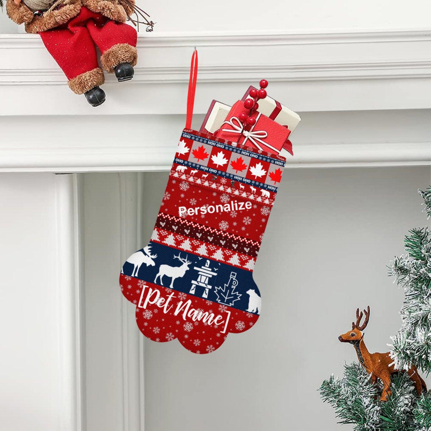 Personalizable Canadian Pet Paw-Shaped Christmas Stocking - Add Your Pet's Name