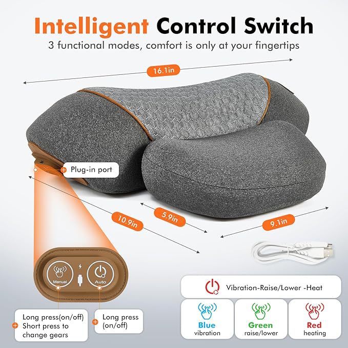 Gray neck pillow with control switch and cable on a white background