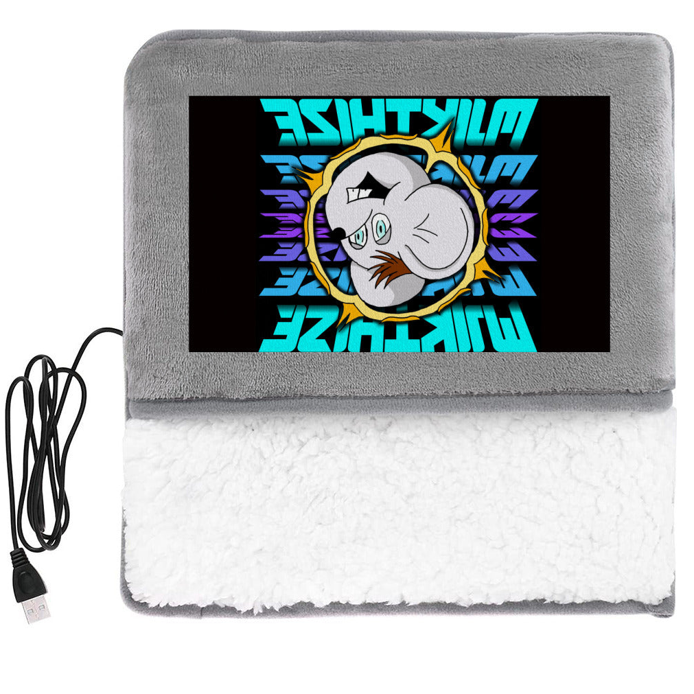 Gray heating pad with cartoon character and colorful text on a white background