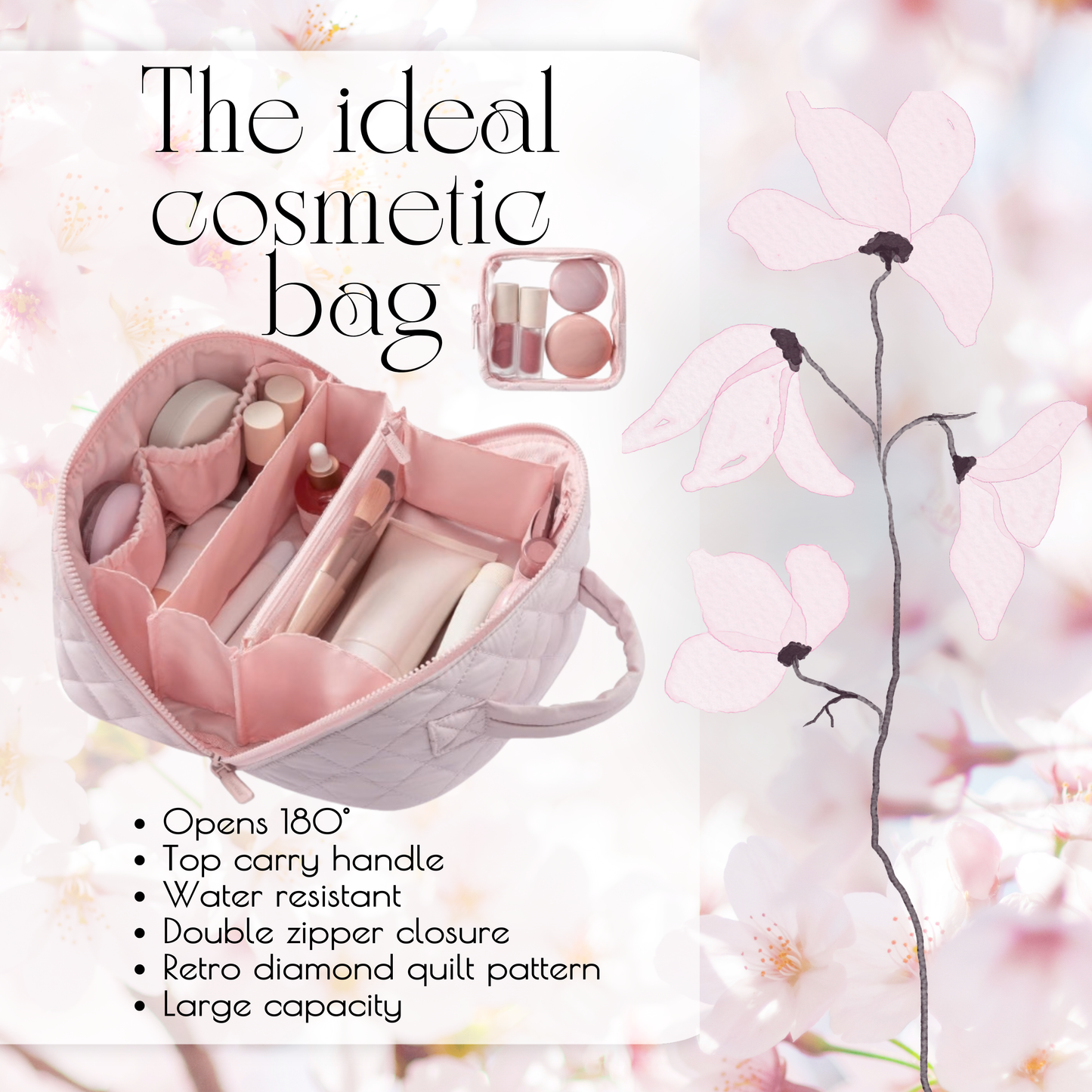 Lay-Flat Quilted Makeup Bag | 180° Cosmetic Organizer - Retro Diamond Design