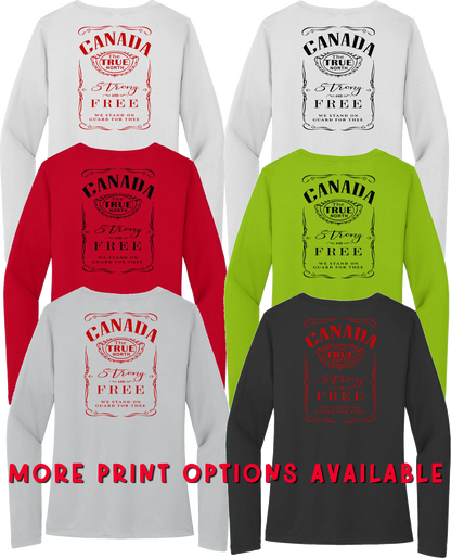 O Canada Strong & Free - Sport-Tek Ladies Long Sleeve Tee - WHITE Print