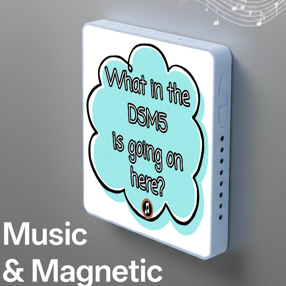 A square white electronic magnetic device with a light blue cloud-shaped graphic on the front that reads 'What in the DSM5 is going on here?' in black text. The image includes white musical notes floating in the upper right and the words 'Music & Magnetic' on the lower left, set against a gray gradient background.