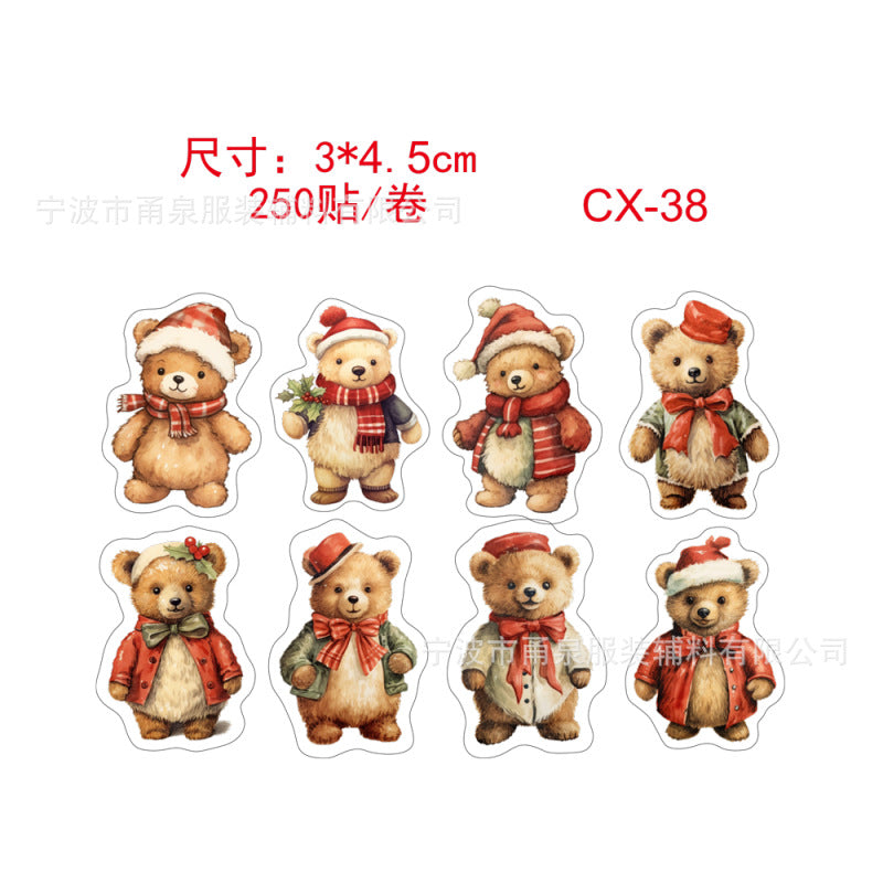 Set of Christmas-themed bear stickers with red hats and scarves on a white background.