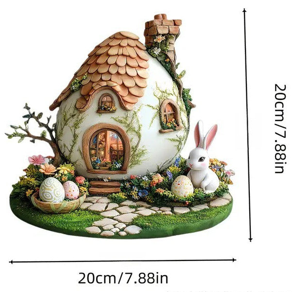 Decorative miniature house with a rabbit and flowers, shown with dimensions on a white background.