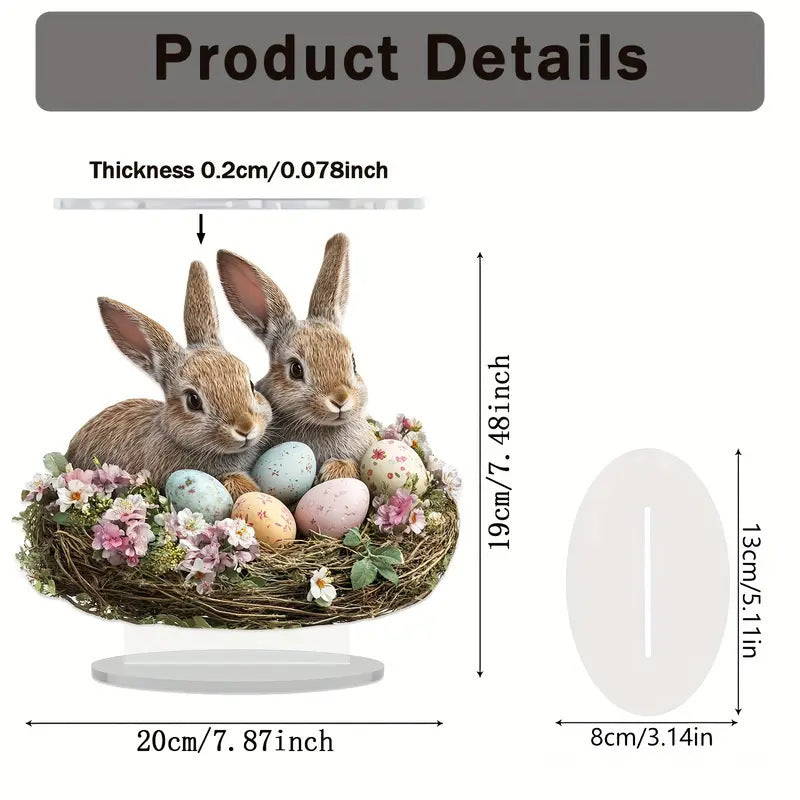 Decorative item with two rabbits and Easter eggs in a nest, with measurements displayed.