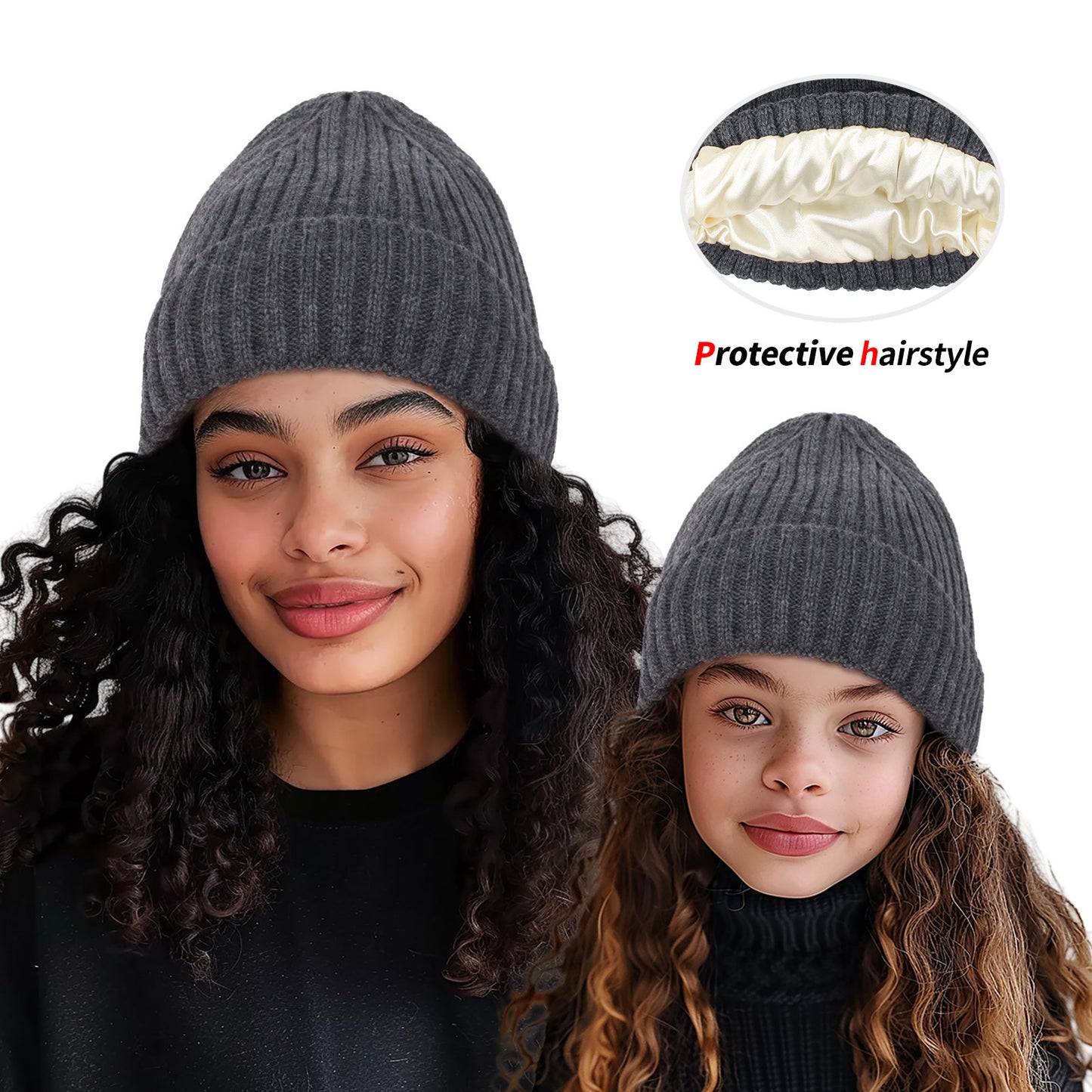 Satin-Lined Knit Winter Hats | Two Sizes to Choose From - Mother Daughter/Son Beanies. Protect  your hair with our Toques