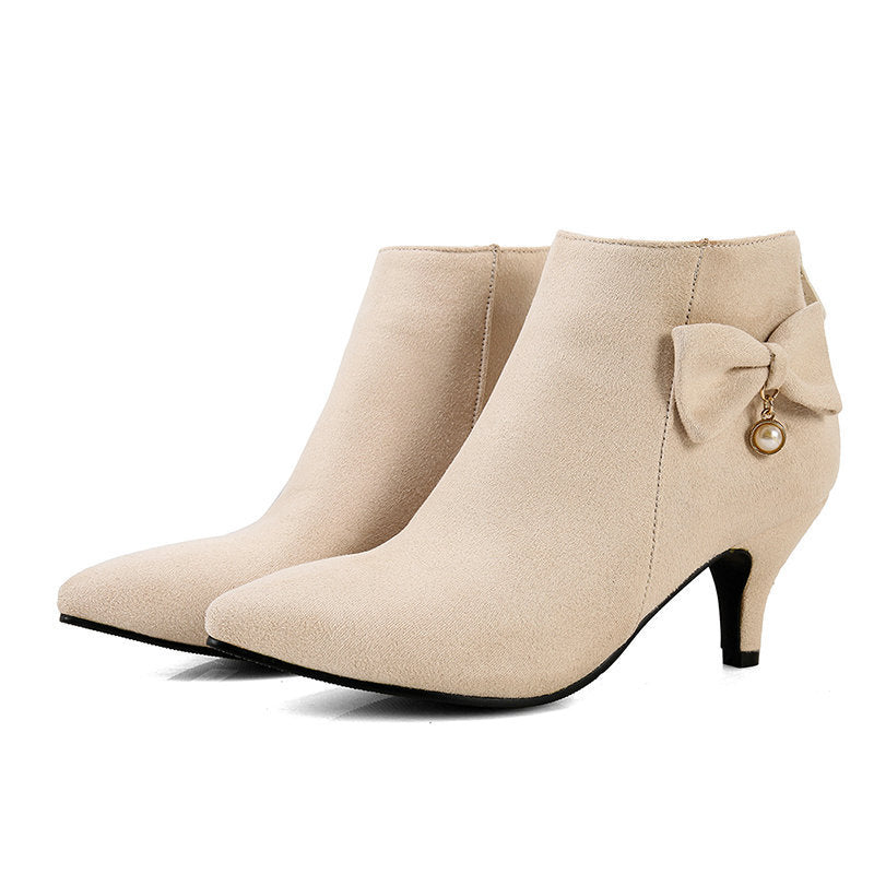Sweet Bow Faux Suede Kitten Heel Ankle Boots | Extended Sizing CN 33-48, Limited Inventory