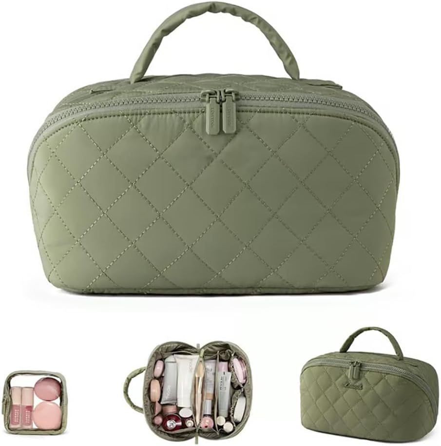 Soft green quilted cosmetic bag with open view showing products on a white background