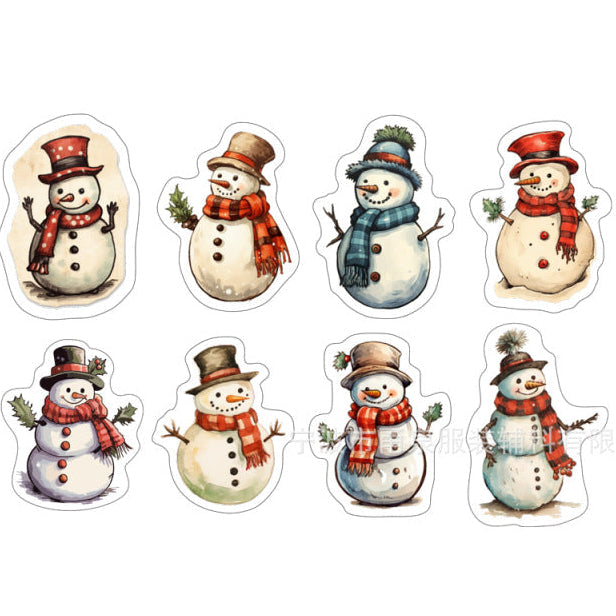 Set of snowman stickers with different hats and scarves on a white background.