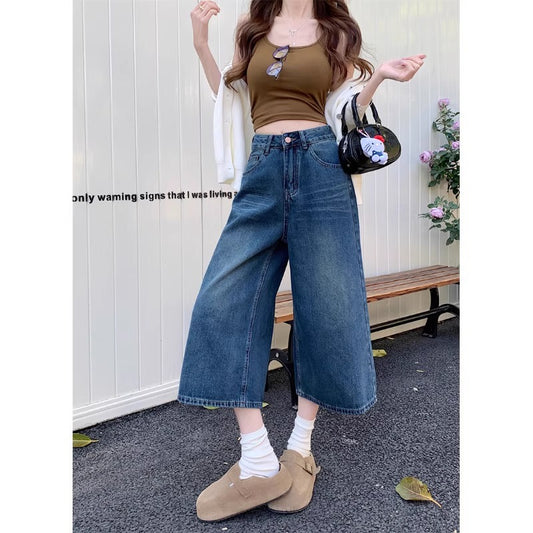 Retro Denim Wide-Leg Cropped Jeans | Women's High-Waist, Available in Plus Sizes