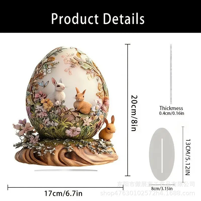 Decorative egg with rabbits and floral design, shown with measurements on a white background.