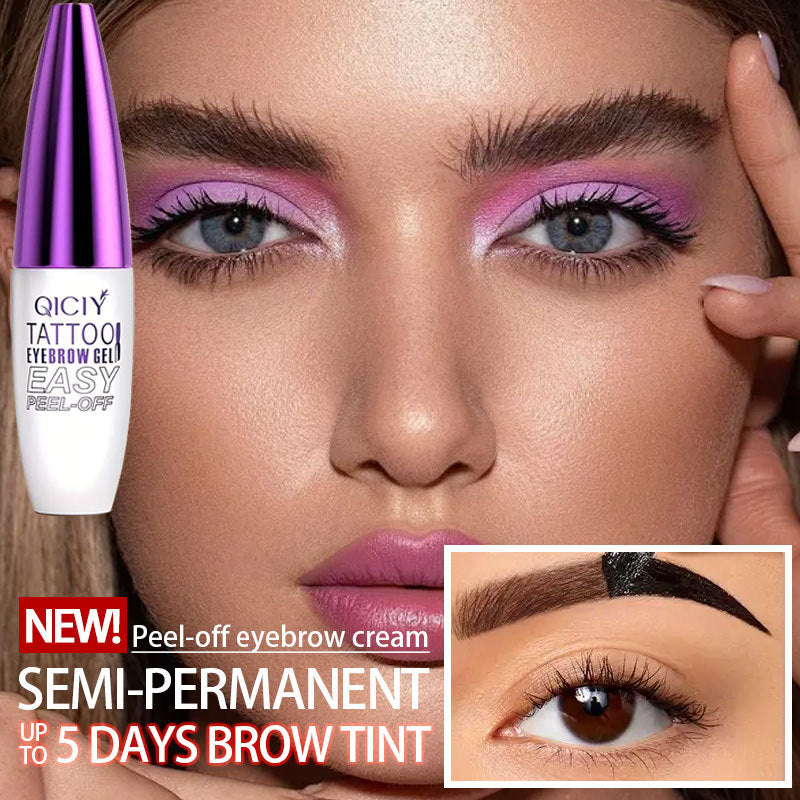 Advertisement for a peel-off eyebrow cream with close-up of eyes and product packaging.