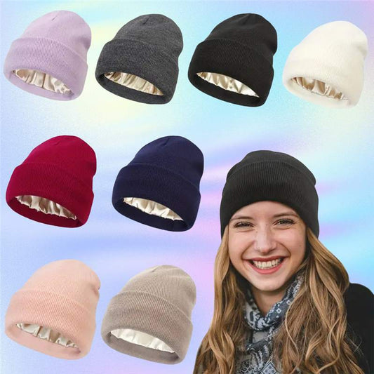 Satin Lined Knitted Toque Beanie – Curly & Dry Hair Protection