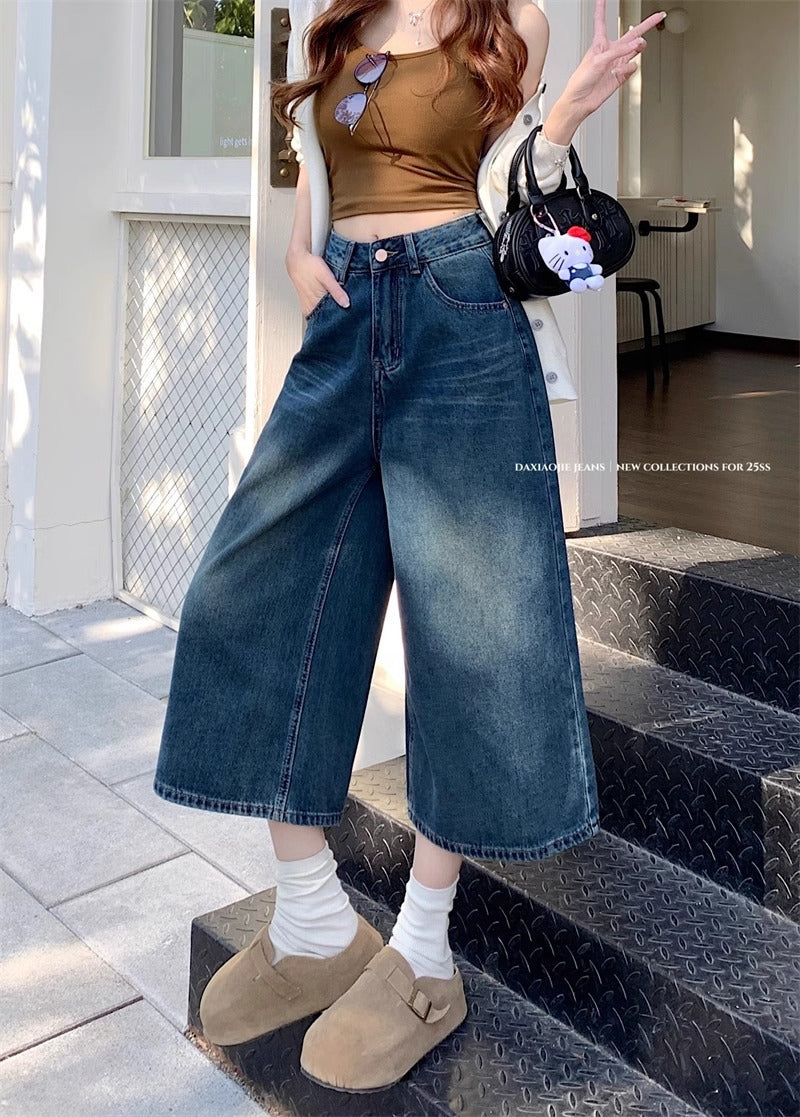 Retro Denim Wide-Leg Cropped Jeans | Women's High-Waist, Available in Plus Sizes