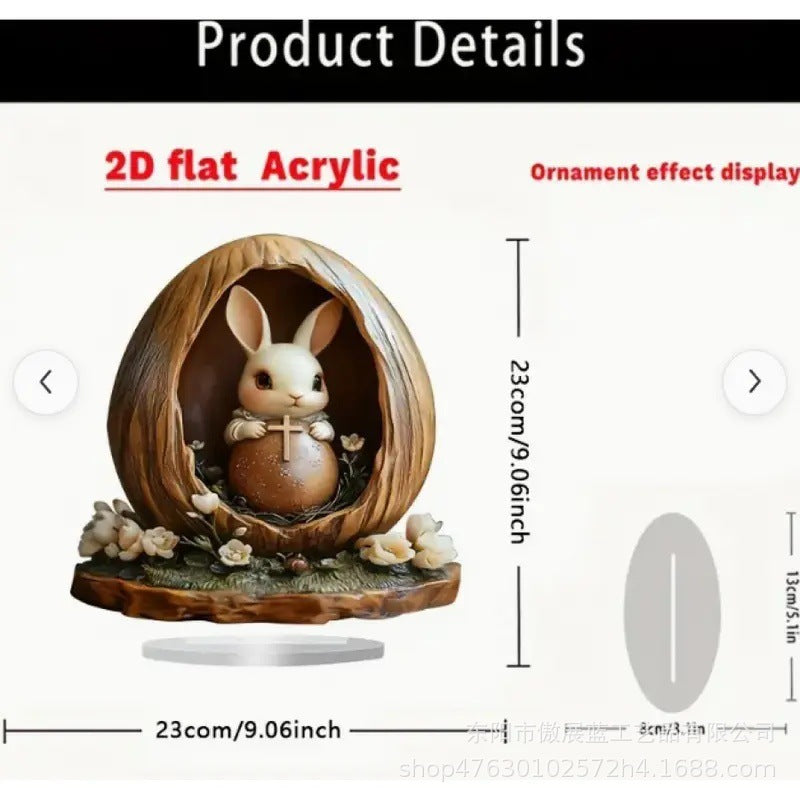 Decorative figurine of a rabbit with a tiny cross in a shell with measurements on a white background