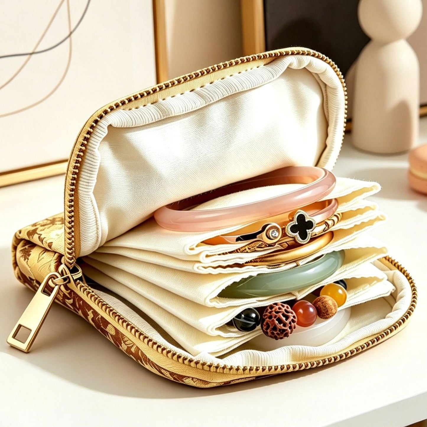 Gold jewelry case with necklaces and bracelets on a white surface with decorative background