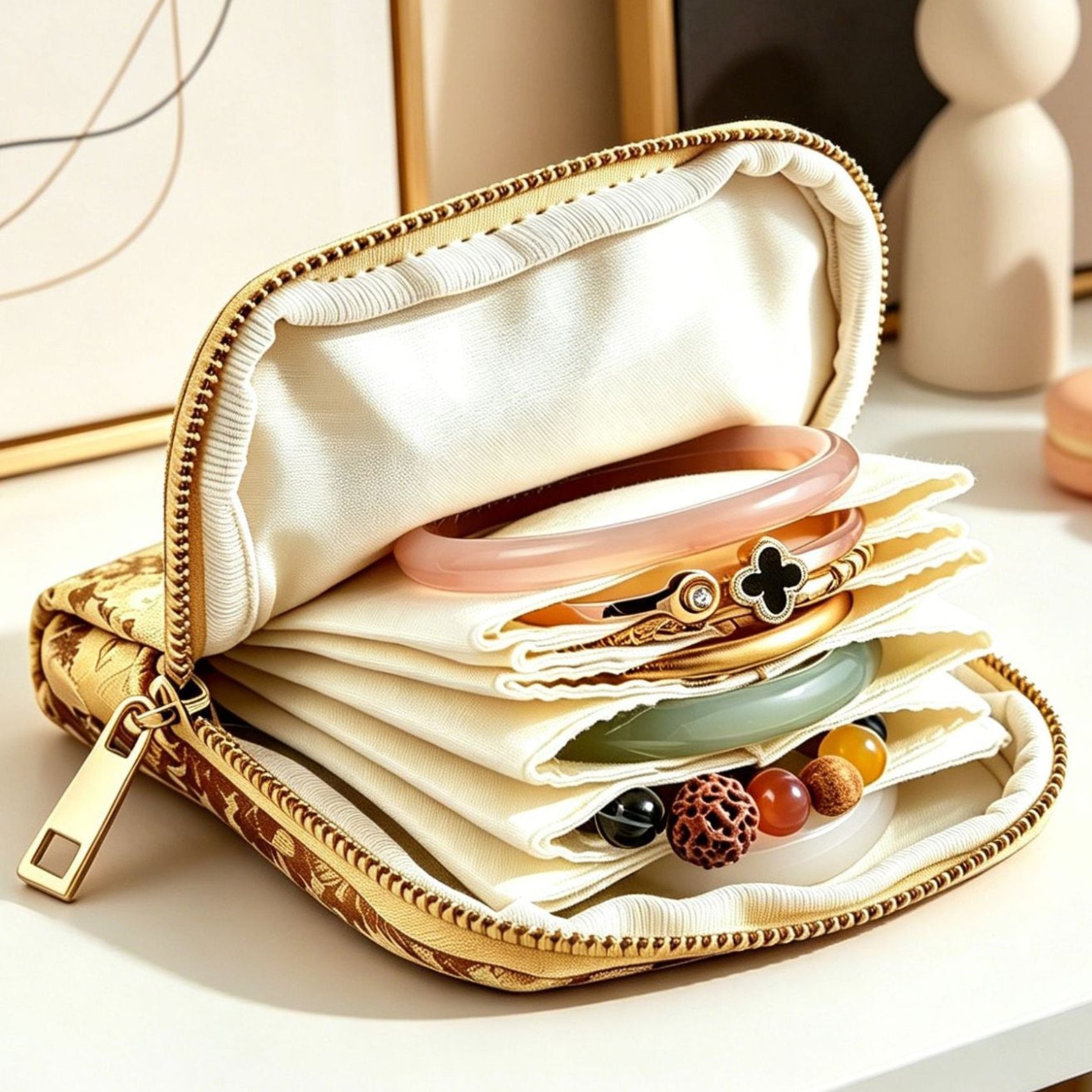 Gold jewelry case with necklaces and bracelets on a white surface with decorative background