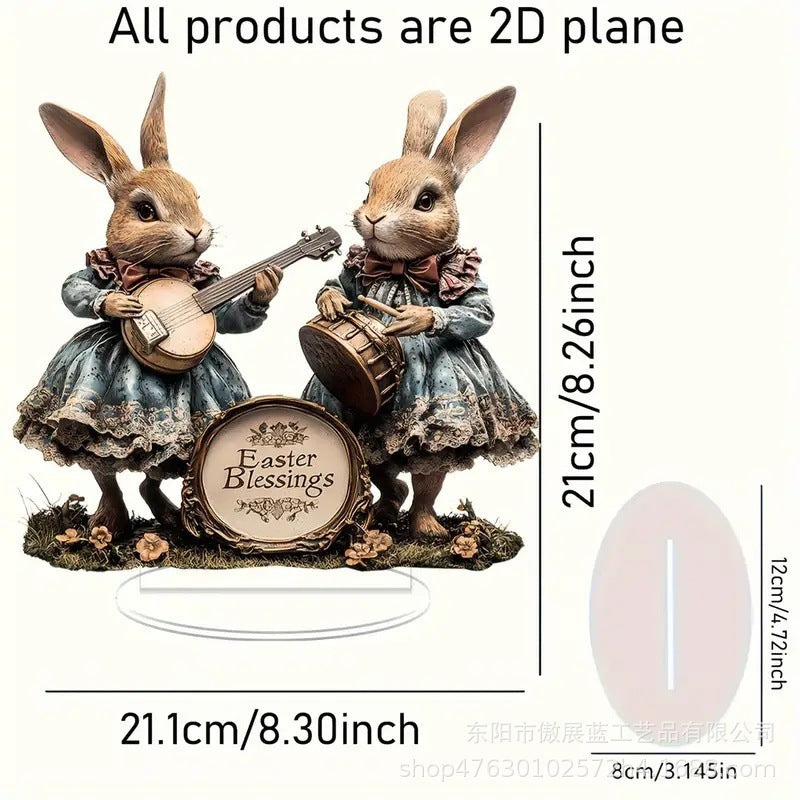 Two vintage rabbit figurines playing instruments with 'Easter Blessings' sign, labeled dimensions on a white background.