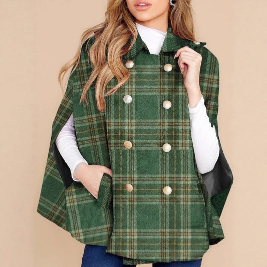 Vintage Plaid Cape Coat | Double-Breasted Fall/Winter Poncho