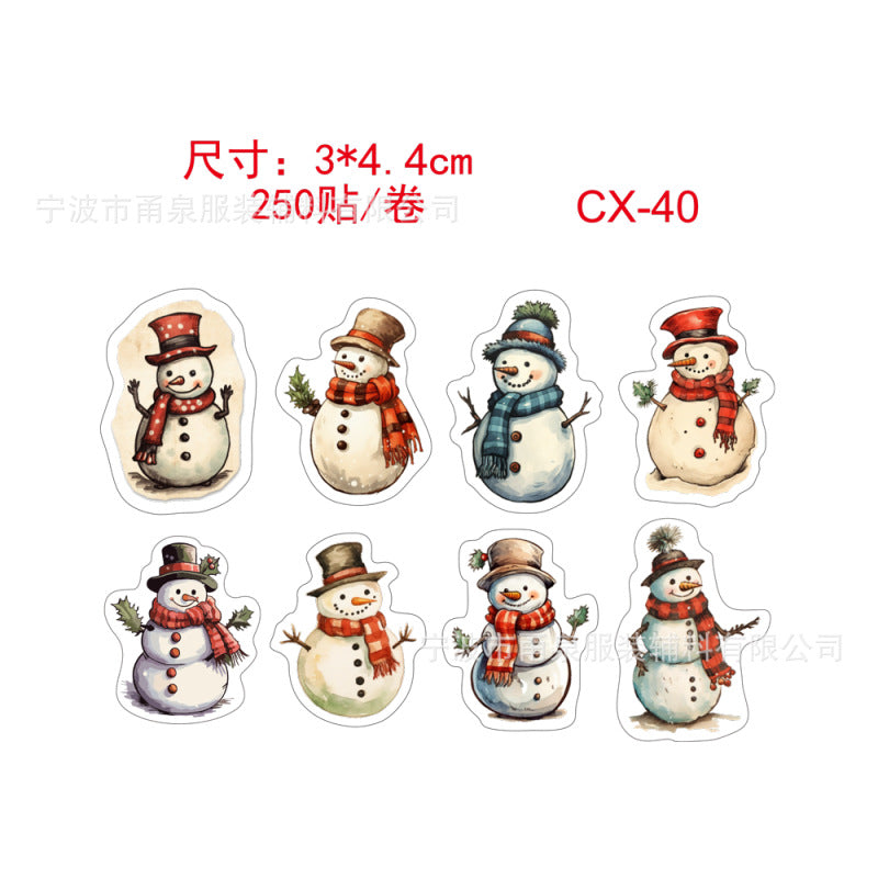 Set of snowman stickers with different hats and scarves on a white background.